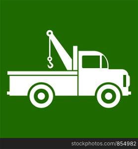 Car towing truck icon white isolated on green background. Vector illustration. Car towing truck icon green