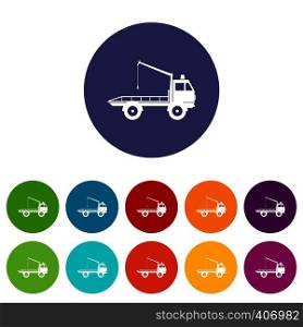 Car towing truck set icons in different colors isolated on white background. Car towing truck set icons