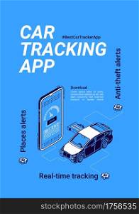 Car tracker app banner. Online gps geolocation service for vehicle with anti-theft and places alerts on mobile phone. Vector poster with isometric illustration of auto and smartphone. Vector banner of car tracker app for smartphone