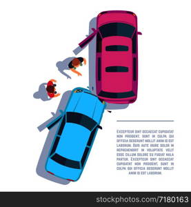 Car traffic accident. Crashed cars and people on road top view. Insurance vector concept. Vehicle auto traffic, damage automobile illustration. Car traffic accident. Crashed cars and people on road top view. Insurance vector concept