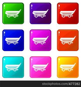 Car trailer icons of 9 color set isolated vector illustration. Car trailer set 9