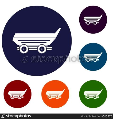 Car trailer icons set in flat circle red, blue and green color for web. Car trailer icons set
