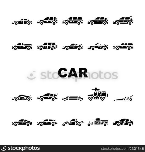 Car Transport Different Body Type Icons Set Vector. Hatchback And Sedan, Mpv Minivan And Cuv Crossover, Limousine And Sportscar, Grand Tourer And Suv Vehicle Car Glyph Pictograms Black Illustrations. Car Transport Different Body Type Icons Set Vector