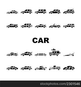 Car Transport Different Body Type Icons Set Vector. Hatchback And Sedan, Mpv Minivan And Cuv Crossover, Limousine And Sportscar, Grand Tourer And Suv Vehicle Car Glyph Pictograms Black Illustrations. Car Transport Different Body Type Icons Set Vector