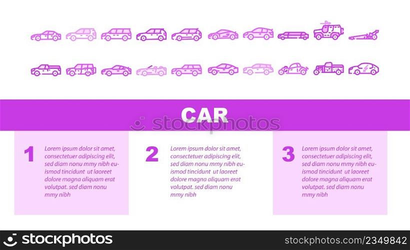 Car Transport Different Body Type Landing Web Page Header Banner Template Vector. Hatchback And Sedan, Mpv Minivan And Cuv Crossover, Limousine And Sportscar, Grand Tourer Suv Vehicle Car Illustration. Car Transport Different Body Type Landing Header Vector