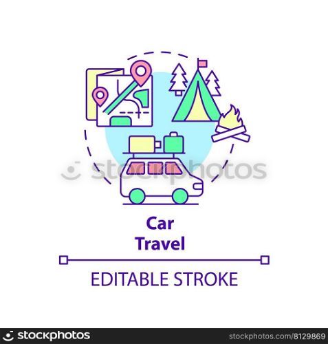 Car travel concept icon. Family leisure and vacation. Quality time together abstract idea thin line illustration. Isolated outline drawing. Editable stroke. Arial, Myriad Pro-Bold fonts used. Car travel concept icon
