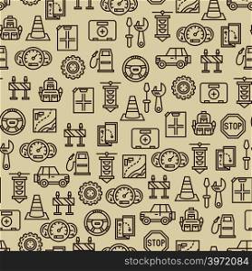 Car travel seamless pattern - travel background with car, map, canister and other transportation icons. Vector illustration. Car travel seamless pattern - travel background