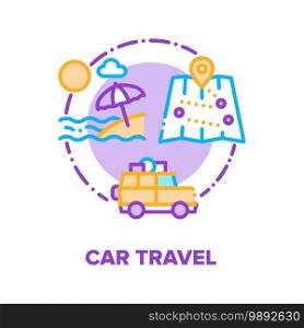 Car Travel Summer Vacation Vector Icon Concept. Car Trip With Family On Beach, Holiday Adventure On Automobile, Tourist Traveler Journey On Transport With Map. Auto Tour Color Illustration. Car Travel Summer Vacation Vector Concept Color