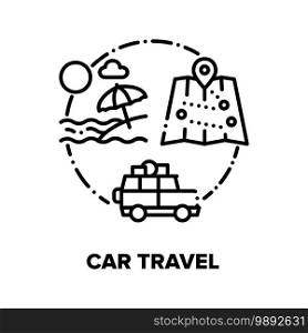 Car Travel Summer Vacation Vector Icon Concept. Car Trip With Family On Beach, Holiday Adventure On Automobile, Tourist Traveler Journey On Transport With Map. Auto Tour Black Illustration. Car Travel Summer Vacation Vector Concept Black Illustration