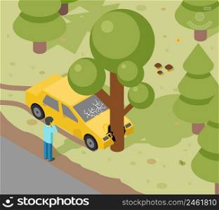 Car tree crash. Accident auto isometric danger, risk and transport, vector illustration. Car tree crash
