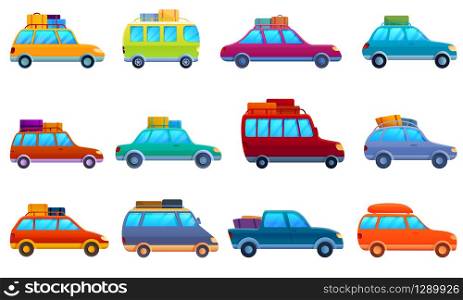 Car trip icons set. Cartoon set of car trip vector icons for web design. Car trip icons set, cartoon style