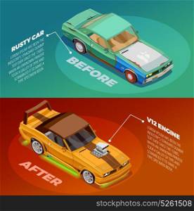 Car Tuning 2 Isometric Banners Set . Car appearance and performance tuning 2 posters set with before and after vehicles images description vector illustration