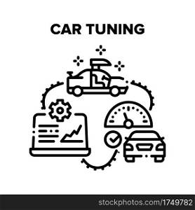 Car Tuning Garage Service Vector Icon Concept. Body And Engine Car Tuning, Diagnostic And Testing Speed And Motor Characteristics. Technician Workshop, Repair And Improvement Black Illustration. Car Tuning Garage Service Vector Black Illustrations