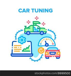 Car Tuning Garage Service Vector Icon Concept. Body And Engine Car Tuning, Diagnostic And Testing Speed And Motor Characteristics. Technician Workshop, Repair And Improvement Color Illustration. Car Tuning Garage Service Vector Concept Color