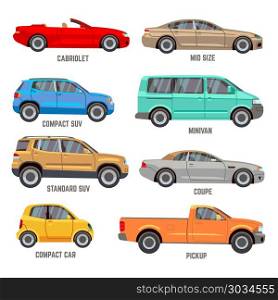 Car types flat icons. Car types vector flat icons. Automobile models icons set