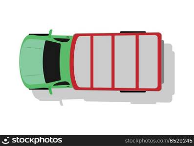 Car van from top view vector illustration. Flat design. Commercial auto. Illustration for transport concepts, car infographic, icons or web design. Delivery automobile. Isolated on white background. Car Van Top View Flat Design Vector Illustration. Car Van Top View Flat Design Vector Illustration