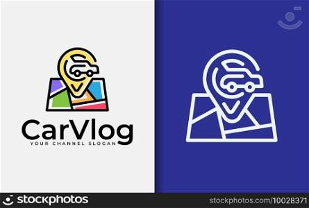 Car Vlog Logo Design. Abstract Pin Location and Car Symbol with Minimalist Concept Combined with Colorful Maps Concept Design.