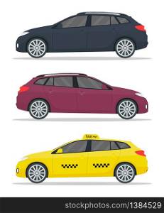 Car wagon mockup. Yellow taxi mockup. Realistic cars with shadows isolated on white background. Wagon, hatchback, suv, combi, sedan are types auto. Vehicles for taxi, business and commercial. Vector.. Car wagon mockup. Yellow taxi mockup. Realistic cars with shadows isolated on white background. Wagon, hatchback, suv, combi, sedan are types auto. Vehicles for taxi, business and commercial. Vector