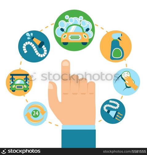 Car wash automobile cleaning service concept with human hand vector illustration