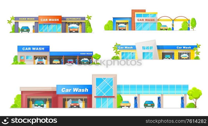 Car wash buildings isolated vector icons. Carwash stations with automatic and hand wash, service of cleaning transportation. Modern buildings with equipment for washing cars and foam. Car wash buildings vector icons