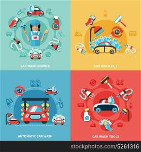 Car Wash Compositions Set. Four square car wash 24/7 colorful compositions with cartoon cars cleaning agents and tools images vector illustration
