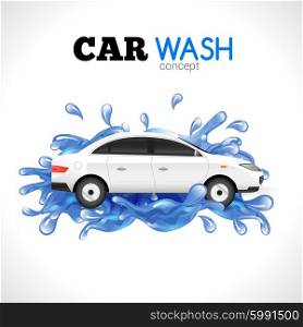 Car Wash Concept. White car wash concept with blue water splashes vector illustration