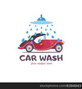 Car wash emblem. Vector illustration in cartoon style. Small passenger retro car in the drops of water on the wash.