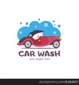 Car wash emblem. Vector illustration in cartoon style. Small passenger retro car in the bubbles of foam and drops of water on the wash.