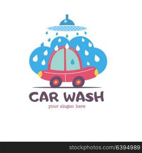Car wash emblem. Vector illustration in cartoon style. Small passenger car in the bubbles of foam and drops of water on the wash.