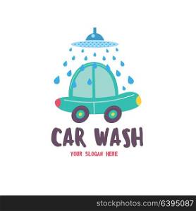 Car wash emblem. Vector illustration in cartoon style. Small passenger car in the drops of water on the wash.