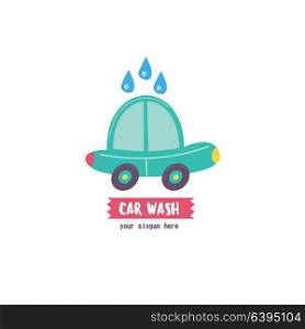 Car wash emblem. Vector illustration in cartoon style. Small passenger car in the drops of water on the wash.
