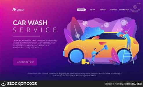 Car wash employees washing the exterior of the car with equipment and foam. Car wash service, vehicle cleaning market, carwash self-serve concept. Website vibrant violet landing web page template.. Car wash service concept landing page.