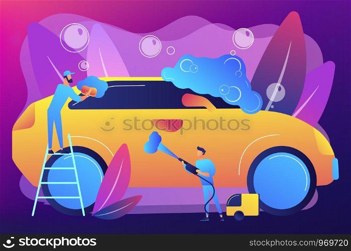 Car wash employees washing the exterior of the car with equipment and foam. Car wash service, vehicle cleaning market, carwash self-serve concept. Bright vibrant violet vector isolated illustration. Car wash service concept vector illustration.
