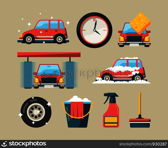 Car wash icon set. Foam roller washing machines cleaning auto service