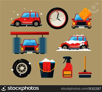 Car wash icon set. Foam roller washing machines cleaning auto service vector cartoon symbols isolated. Illustration of car service wash, washer and sponge. Car wash icon set. Foam roller washing machines cleaning auto service vector cartoon symbols isolated