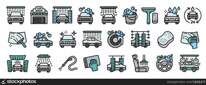 Car wash icons set. Outline set of car wash vector icons for web design isolated on white background. Car wash icons set, outline style