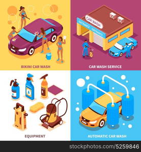 Car Wash Isometric Design Concept. Car wash service isometric design concept with automatic cleaning girls workers in bikini equipment isolated vector illustration