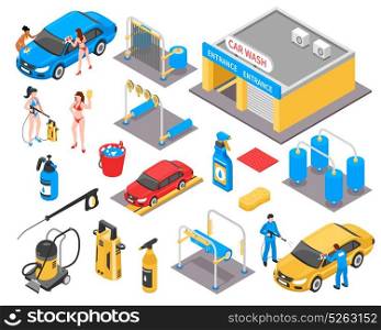 Car Wash Isometric Set. Car wash isometric set with garage, vehicles, cleaning equipment, detergents, girls in bikini, workers isolated vector illustration