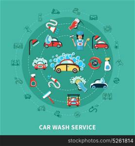 Car Wash Round Composition. Round composition with cartoon decorative icons of washing car in soap flakes cleaning agents and equipment vector illustration