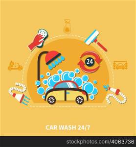 Car wash round composition with doodle car in soap bubbles machinery shower hose and cleaning agents vector illustration. 24h Car Wash Composition