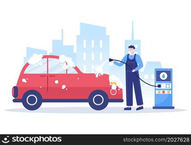 Car Wash Service Flat Design illustration. Workers Washing Automobile Using Sponges Soap and Water for Background, Poster or Banner