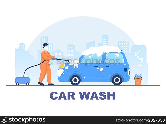Car Wash Service Flat Design illustration. Workers Washing Automobile Using Sponges Soap and Water for Background, Poster or Banner
