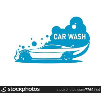 Car wash service icon for clean auto carwash, vector water and vehicle sign. Automobile washing or car wash express and self service emblem with blue silhouette of sportcar and foam bubbles. Car wash service icon, clean auto carwash bubbles