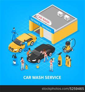 Car Wash Service Isometric Illustration. Car wash service with garage equipment workers and girls in bikini on blue background isometric vector illustration