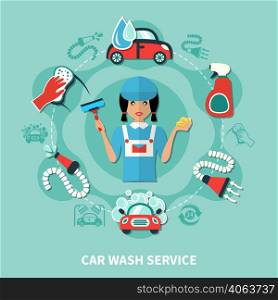 Car wash service round composition with worker character washing agents and professional cleaning tools flat images vector illustration. Washerwoman Tools Round Composition