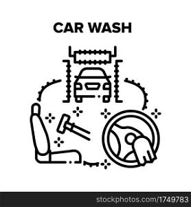 Car Wash Service Vector Icon Concept. Body Car Wash And Cleaning Salon And Steering Wheel. Washing Technology Automation Station For Clean Vehicle, Carwash Equipment And Accessories Black Illustration. Car Wash Service Vector Black Illustrations