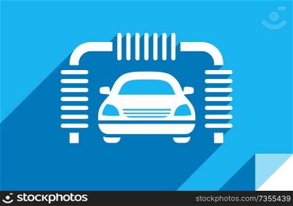 Car wash, transport flat icon, sticker square shape, modern color. Transport on the road