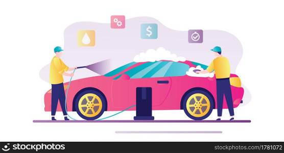 Car washing service banner. Tiny people in uniform washes modern car with soap and water. Serviceman at work. Flat style vector illustration isolated on white background.. Car washing service banner. Tiny people in uniform washes modern car with soap and water. Serviceman at work.