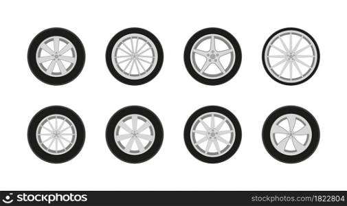 Car wheel. Car tire with rim. Icon of sport auto tyre. Set of rim from alloy for truck and race automobile. Design of wheel with steel and rubber. Pictogram for logo. Different vehicle tires. Vector.. Car wheel. Car tire with rim. Icon of sport auto tyre. Set of rim from alloy for truck and race automobile. Design of wheel with steel and rubber. Pictogram for logo. Different vehicle tires. Vector