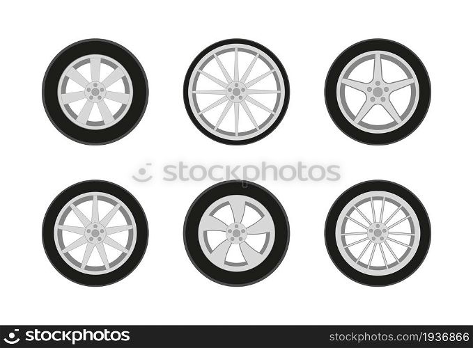 Car wheel. Car tire with rim. Icon of sport auto tyre. Set of rim from alloy for truck and race automobile. Design of wheel with steel and rubber. Pictogram for logo. Different vehicle tires. Vector.. Car wheel. Car tire with rim. Icon of sport auto tyre. Set of rim from alloy for truck and race automobile. Design of wheel with steel and rubber. Pictogram for logo. Different vehicle tires. Vector